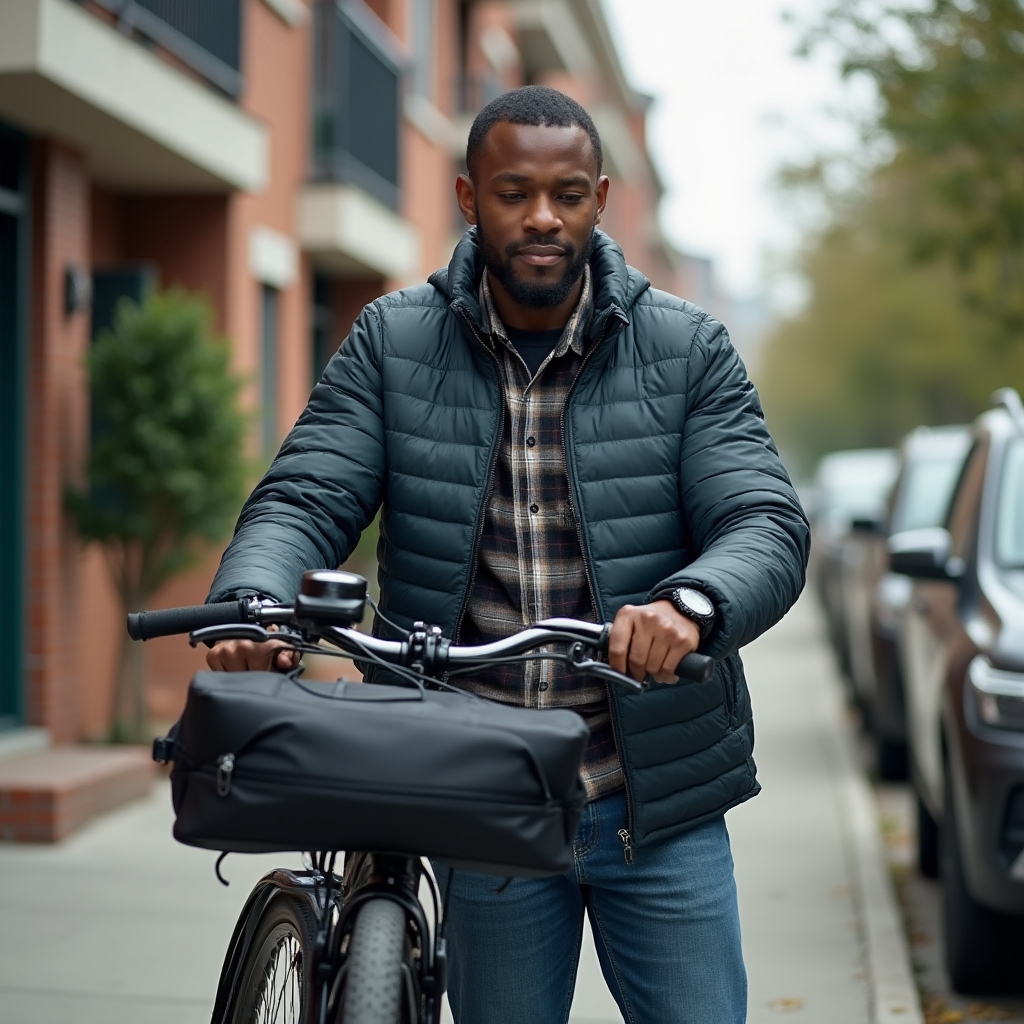 Parent walking alongside a cargo bicycle used for family transport near a bike rack