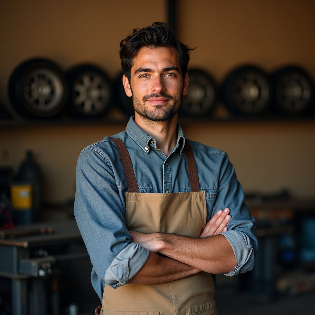 Bicycle mechanic in a work apron standing beside a repair stand in a daylit workshop