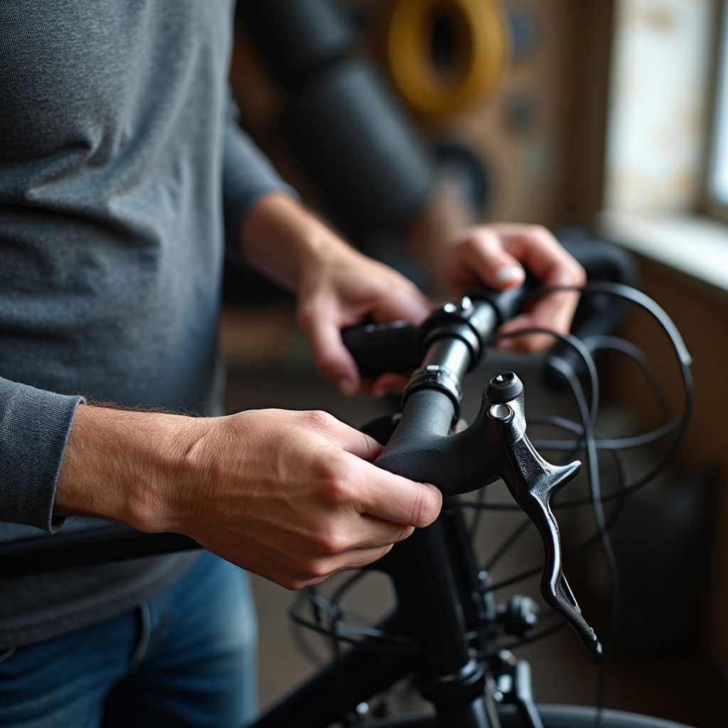 Mechanic adjusting a brake cable on a bicycle handlebar during a tune-up